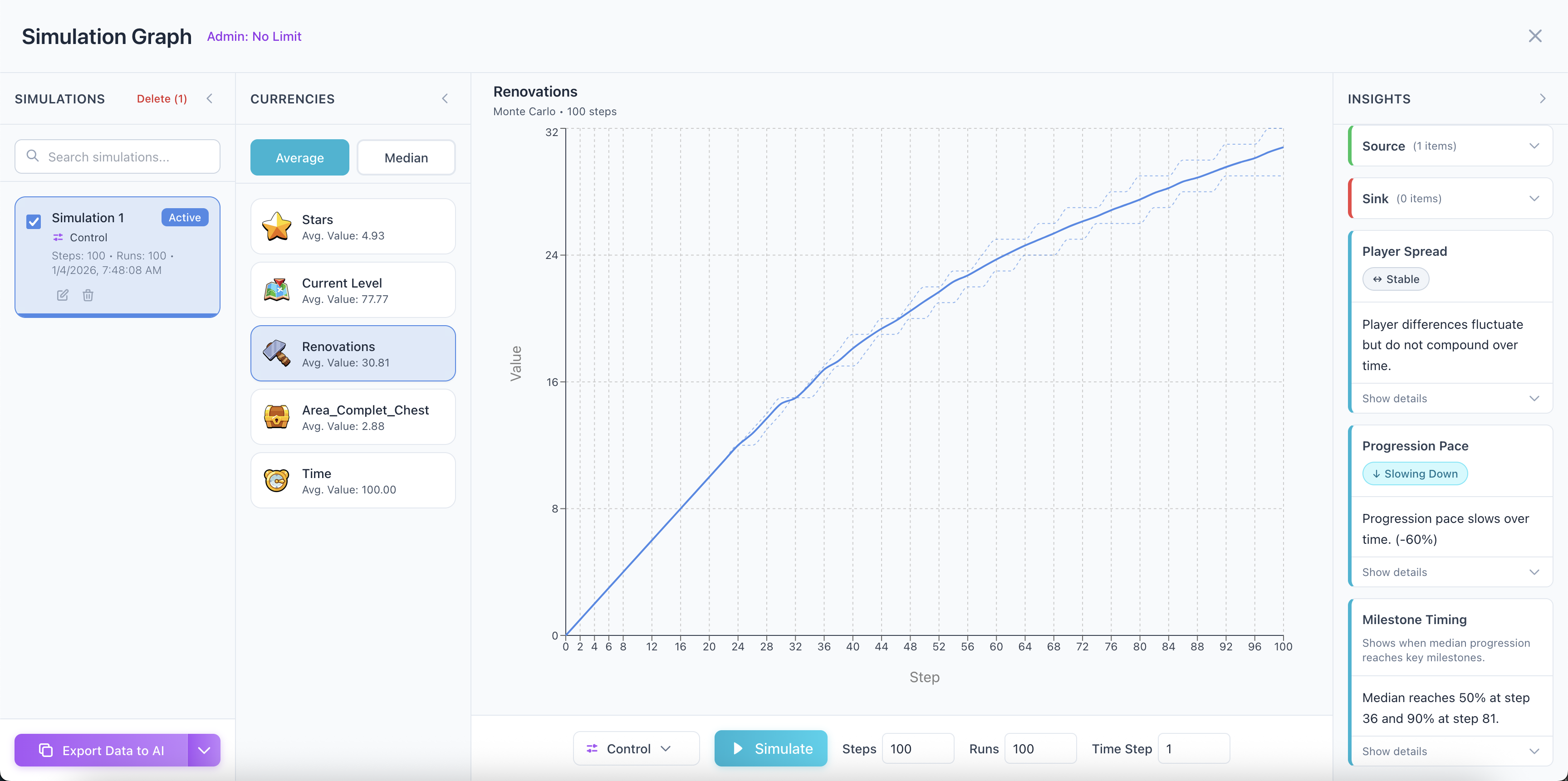 Simulate - Run thousands of step-by-step playthroughs to reveal distributions, bottlenecks, and edge cases, fast.