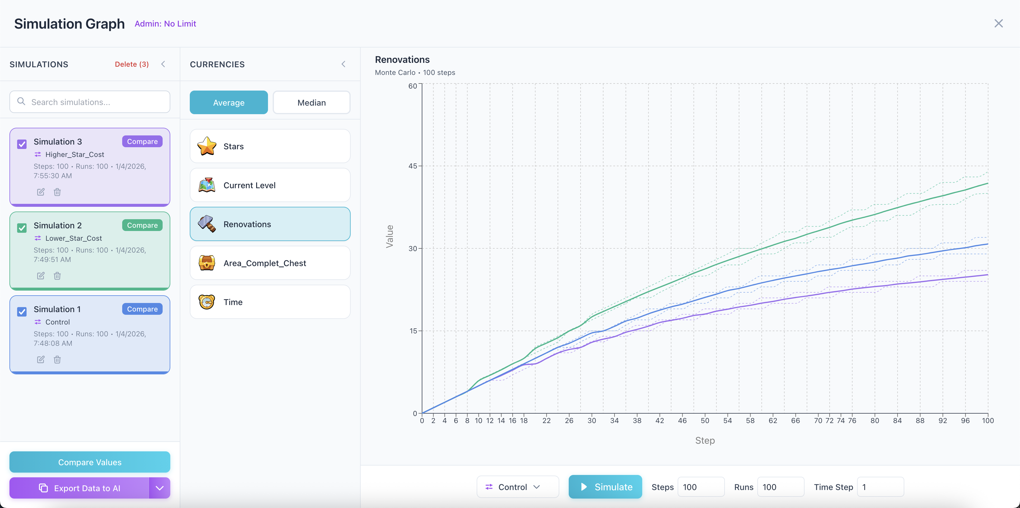 Compare - Compare configurations side-by-side to choose the best trade-offs. Catch-up vs. grind, generosity vs. tension.