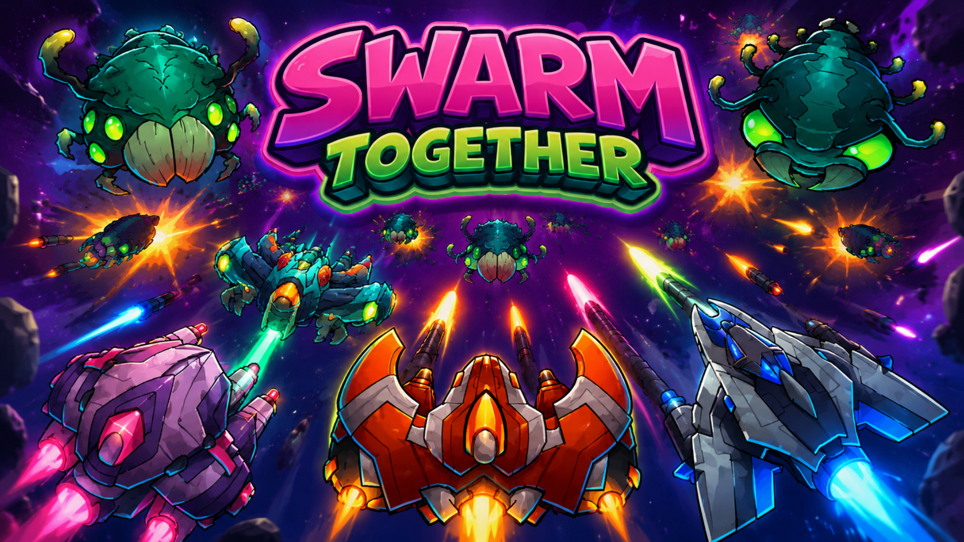 Swarm Together - Swarm Together is a co-op horde survival game for 2–4 players. Team up with friends and fight to survive endless waves of alien bugs swarming your arena. Collect upgrades mid-run, build your strategy, and see how long your squad can hold out.